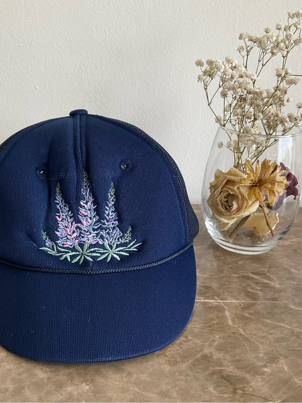 Navy Floral Embroidered Trucker Hat